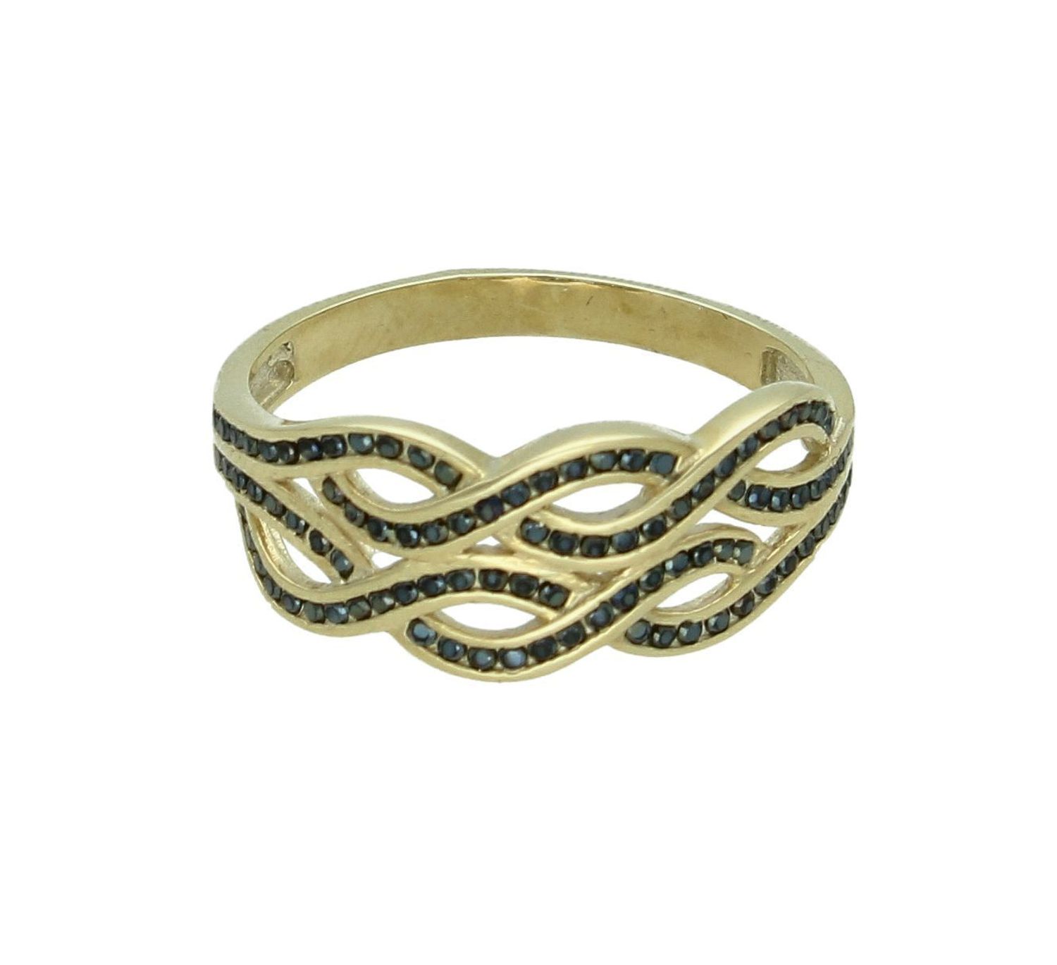 Złoty pierścionek damski 375 pleciony z czarnymi cyrkoniami PI 1390B 375. Złoty pierścionek damski. Złoty pierścionek na prezent. Pierścionek złoty dla kobiety. Złoty pierścionek próby 375. Pierścionek złoty z czarnymi cyrkoniami (1).jpg